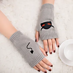 Halloween devil embroidery knitted fingerless gloves in grey soft wool