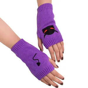 Purple knitted fingerless gloves with Halloween devil embroidery for seasonal warmth