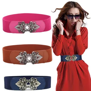 Plus-size elastic wide belts for women shown in rose, tan, and navy blue options
