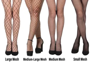 Detailed comparison showing four different mesh sizes for sexy black fishnet tights