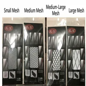 Four types of sexy fishnet stockings showing small to large mesh sizes in packaging.