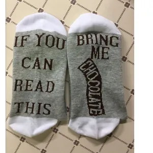 Novelty gray and white cotton socks featuring If You Can Read This Bring Me Chocolate text.