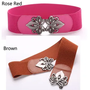 Stylish plus size wide elastic waist belt with vintage ornate buckle for women dresses
