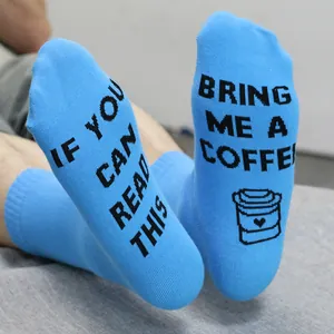 Novelty blue cotton socks featuring 'If you can read this, bring me a coffee' slogan print