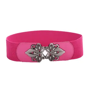 Women's wide fuchsia elastic waist belt with vintage silver interlocking buckle
