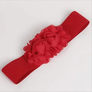 Elegant plus size red elastic waist belt featuring large fabric flower decorations for dresses