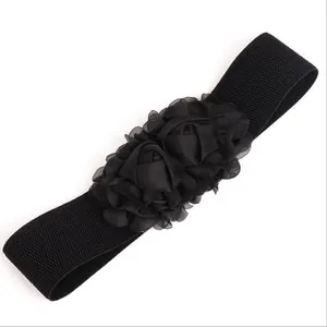 Plus size black elastic cinch belt with elegant fabric flower decor for dresses