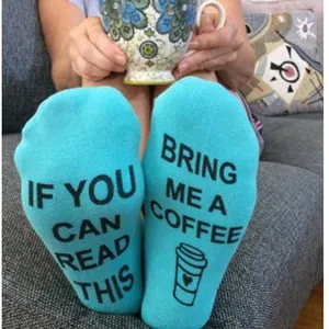 Funny turquoise ankle socks featuring 'If you can read this bring me a coffee' message.