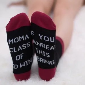 Unisex cotton crew socks with humorous English text on the soles