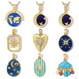 Pendentifs Célestes en Cuivre émaillé Vintage DIY Bijoux Étoile Lune Cœur Mauvais Œil Strass Apprêts pour la Fabrication de Colliers Femmes