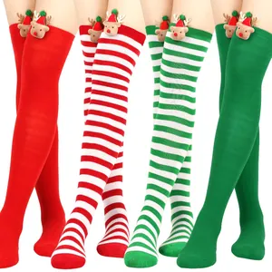 Collection of festive Christmas thigh-high socks with reindeer plush in various patterns