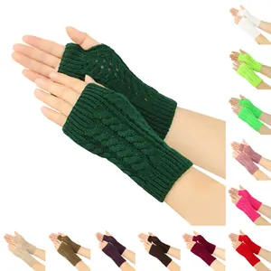 Detailed view of knitted fingerless gloves with hollow twist pattern in multiple colors