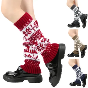 Women Christmas Knitted Leg Warmers Thick Acrylic Warm Snowflake Deer Pattern Boot Cuffs Crochet Thigh High Long Socks