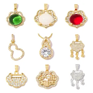 DIY Auspicious Cloud Safety Lock Gourd Copper Zirconia Pendant 18K Gold Plated Lucky Jewelry Necklace Finding For Women