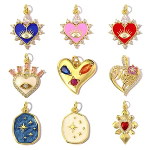 18K Gold Plated Copper Pendants Zirconia Heart Evil Eye Mom Star Charms For DIY Necklace Making Jewelry Accessories Pendant Only