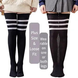 Chaussettes Hautes Grande Taille pour Femmes Coton Haute Élasticité Bas au-dessus du Genou Rayés Couleur Unie Automne Hiver Chaud