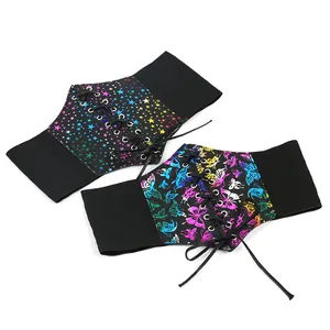 Detail view of colorful neon butterfly and star printed wide lace-up corset belts