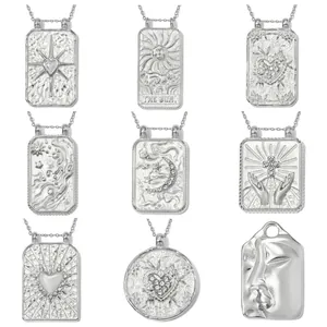 Vintage Edelstahl Tarotkarten Anhänger Für Damen Silber Sonne Mond Herz Abstraktes Gesicht DIY Schmuckherstellung Halskette Charm Eingelegt Strass Retro Zubehör
