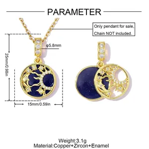Pendentif céleste soleil et lune en or avec émail bleu et détails en zircon