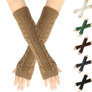 Cable knit pattern detail on long fingerless arm warmers shown in various color options