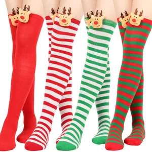 Women Christmas Over Knee Socks 3D Reindeer Decor Striped Thigh High Stockings Festive Party Accessories Long Hosiery