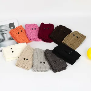 Variety of colorful knitted owl-style boot cuffs for winter warmth and leg protection