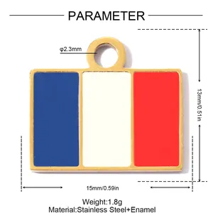 Detailed view of France flag enamel pendant showing 15x13mm dimensions and material info