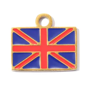 Detailed view of a stainless steel British flag pendant with red and blue enamel finish