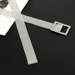 Close-up of sparkling silver rhinestone belt with square crystal buckle