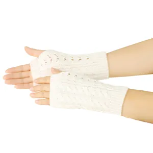 Cozy cream cable knit fingerless gloves featuring elegant hollow diamond patterns