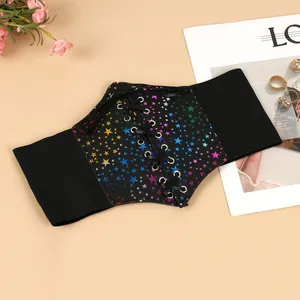 Fashionable rainbow star print corset belt featuring black lace-up details on elastic band