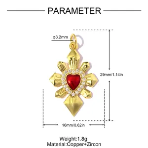 Detailed dimensions of gold-plated heart starburst copper zircon jewelry pendant