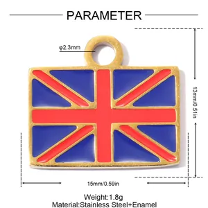 Detail of UK flag stainless steel enamel pendant showing dimensions and material.