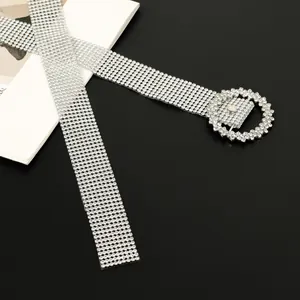 Close-up of elegant women's belt fully embellished with shimmering silver rhinestones