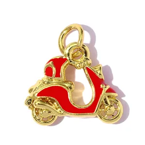 Macro view of vintage red enamel motor scooter charm pendant for DIY jewelry making