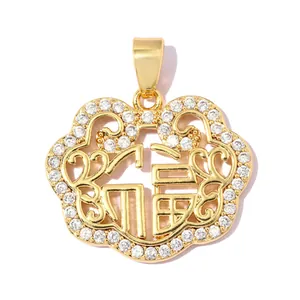 Detail view of a gold-plated 'Fu' character auspicious lock pendant with zircon