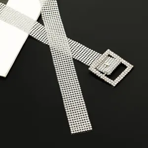 Detailed close-up of a glamorous silver rhinestone belt featuring a square buckle