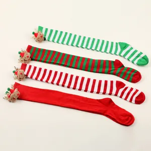 High-quality over-the-knee Christmas stockings with 3D reindeer decor in stripe patterns