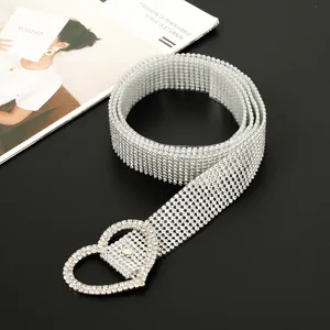 Fashionable silver rhinestone belt for women featuring a sparkling heart-shaped buckle