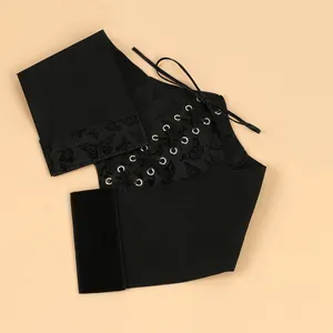 Detailed view of black corset belt featuring butterfly print and lace-up front design