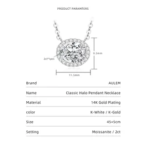 Technical specifications of 2ct oval moissanite halo pendant necklace with dimensions