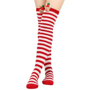 Festive red and white striped over-the-knee socks with cute plush reindeer