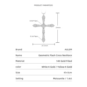 Vue informative détaillée montrant les dimensions et matériaux du collier croix moissanite