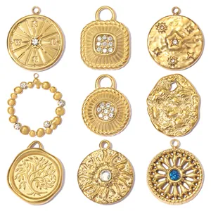 Stainless Steel Sun Star Tree of Life Compass Embossed Round Pendant Gold Plated Rhinestone DIY Jewelry Findings For Women