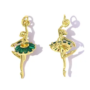 Front and back view of gold ballet dancer pendant with green zircon tutu