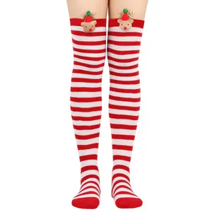 Red and white striped over-the-knee Christmas socks with 3D reindeer decoration
