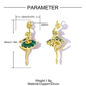 Detailed view of gold ballerina pendant with green zircon tutu and dimensions