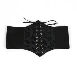 Detailed view of a black wide corset belt featuring butterfly prints and front lace-up design