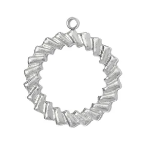 Close-up of a silver stainless steel circular pendant with a twisted ribbed texture.