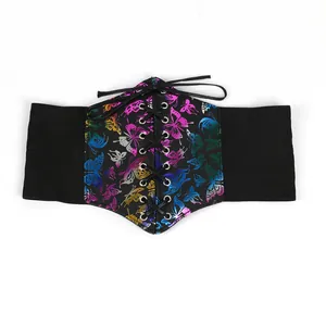 Detail view of vibrant butterfly pattern and black lace-up design on wide corset belt
